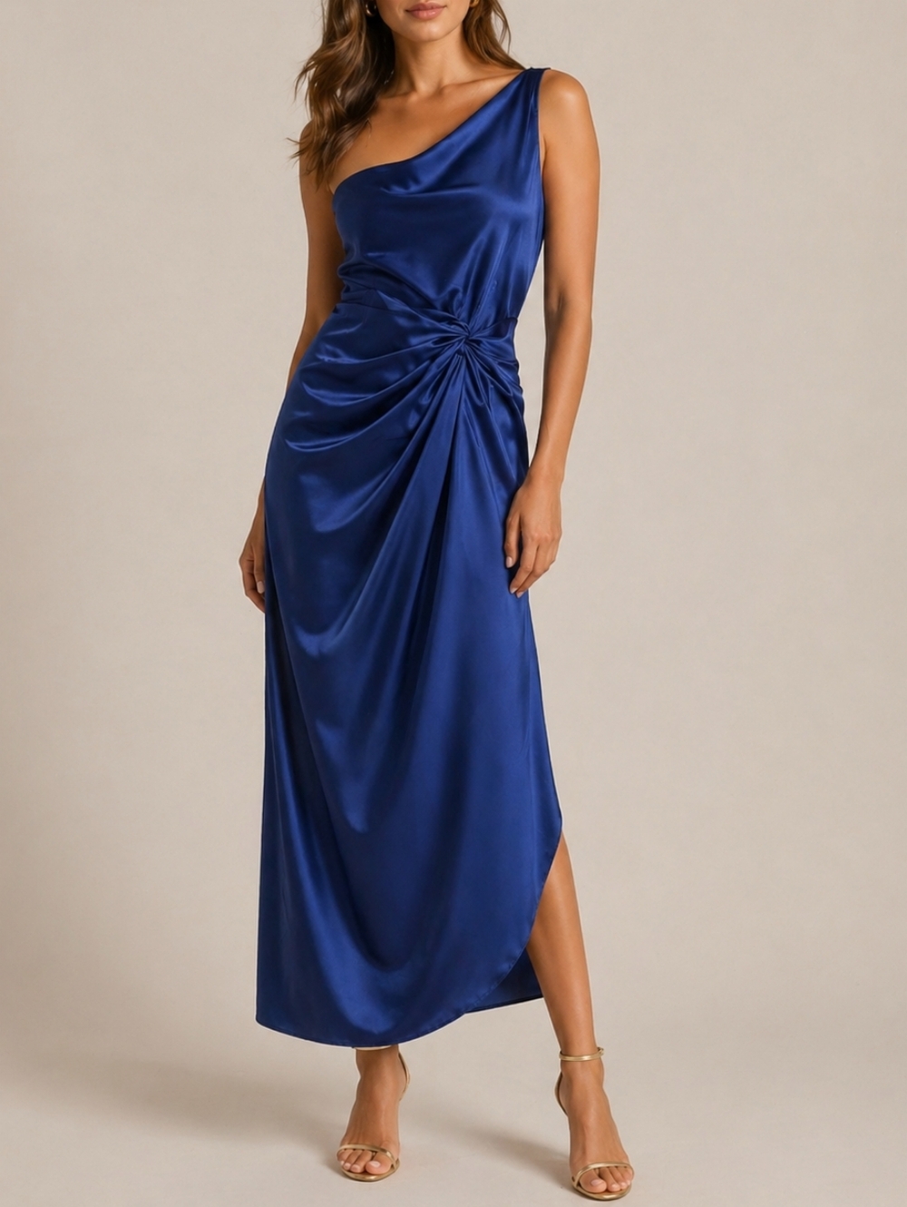 Abercrombie & Fitch Womens Royal Blue One Shoulder Satin Knotted Midi Dress Smal